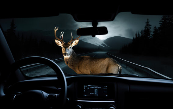 View from the inside of a car, deer standing in the middle of the road, illuminated by the car headlights. Danger of hitting deer with a car. Generative AI