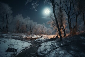 A winter scene with moonlight illuminating a nighttime landscape. Generative AI