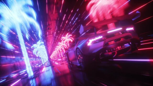 Cyberpunk Neon Glowing Tunnel and Car