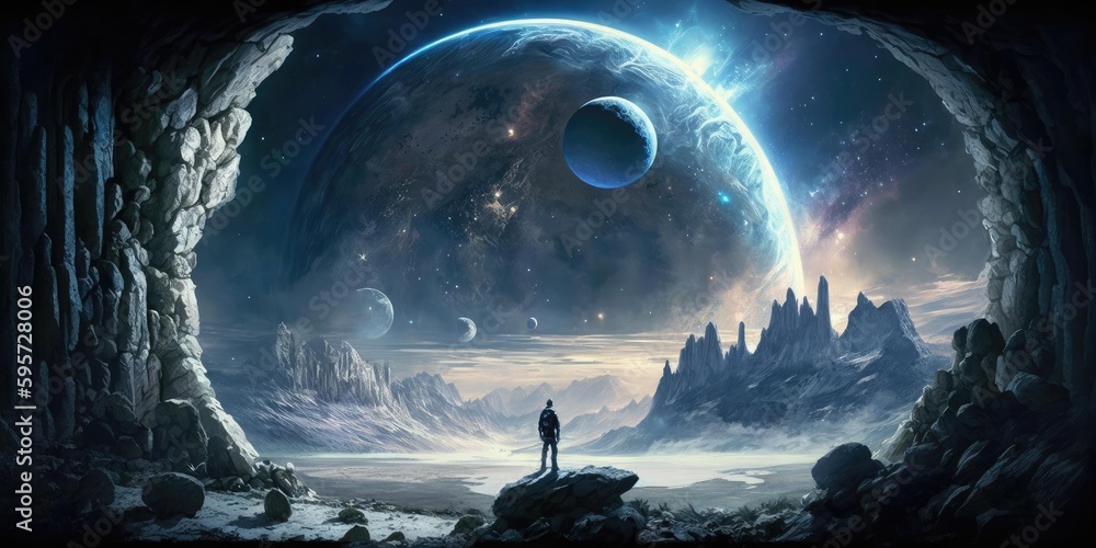 Poster outer planet landscape with from sci fi novel. superlative generative ai image.