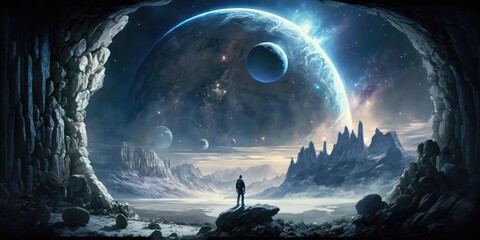 Outer planet landscape with from sci fi novel. superlative generative AI image. - obrazy, fototapety, plakaty