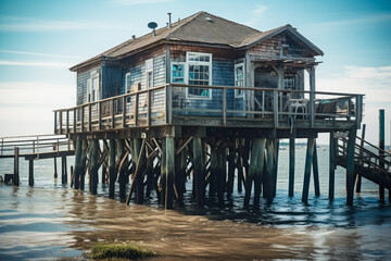 Beach house on pilings, on a sunny day, high quality generative ai