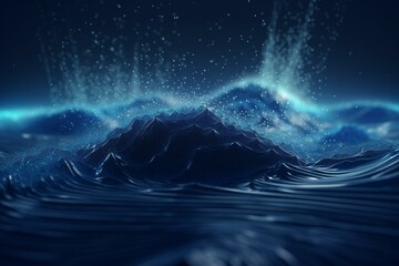 Futuristic blue wave of particles with big data dots in the background. 3D rendering. Generative AI