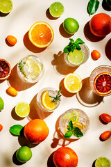 Gin tonic citrus and herb cocktails set, top view. Assortment of summer drinks for cocktail party. Light beige background, bright fruits, hard light, shadow pattern