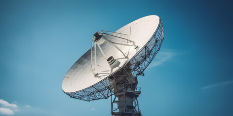 Satellite Dish pointing in the blue sky. Wireless Internet Stable Connection. Universe Research Radar. 