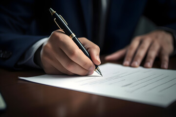 businessman hand in a blue suit signing a document. Generative AI. 