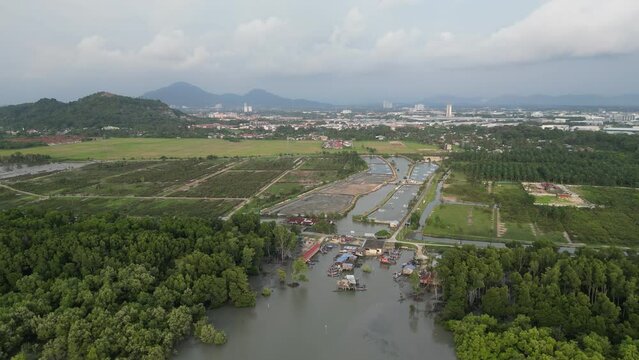 Aerial fly over fishing village at Juru, Penang
