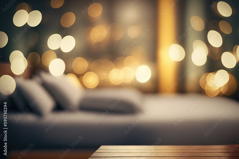 Poster table-top view of beside table or nightstand on blurred cozy night ambiance bedroom with glistening 