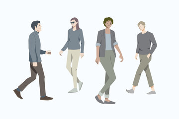 Obraz premium People walking walking down the street in city isolated on white background. Hand draw style. Vector illustration.