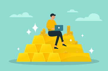 gold investment, man sitting on gold