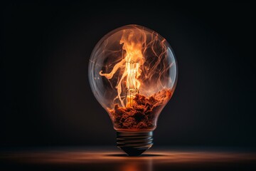 Climate change portrayed as a world burning inside an electric bulb, created by AI. Generative AI