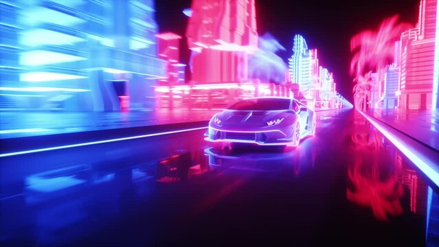 Neon Glowing Sport Car Riding in Neon City