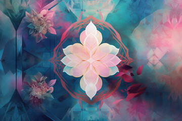 Pink and Blue Flowers Abstract Geometric Pattern Mandala Generative AI