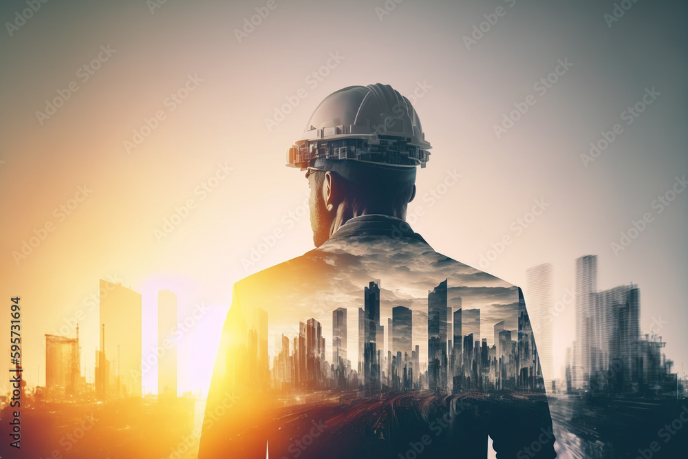 Poster civil engineer portrait as concept for building construct by professional with hardhat helmet engine
