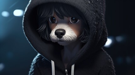 dog in black cotton hoodie, digital art illustration, Generative AI