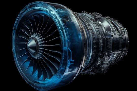 Transparent blue 3D x-ray of a jet engine's turbine. Generative AI