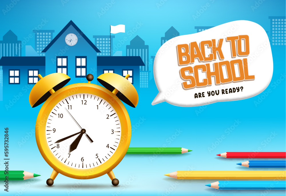 Poster back to school vector design. back to school text in speech bubble with alarm clock element for educ