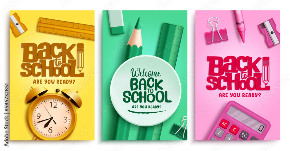 Poster back to school vector poster set design. school back text in empty space with educational elements. 