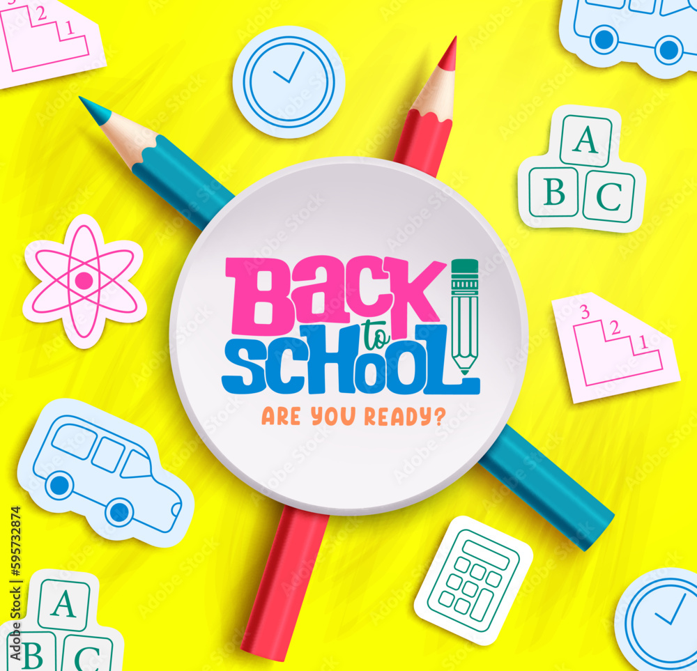 Aufkleber back to school vector template design. back to school text in empty space with color pencil and pape