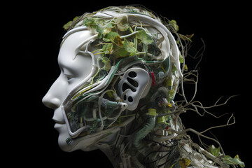 Humanoid Robot connected with Nature. White futuristic Human Cyborg  AI Head with Tree Leafs. Sustainable Future 