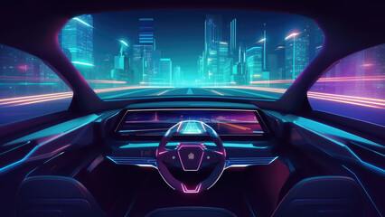 Obraz na płótnie Canvas Car drive night road to city cartoon illustration. Cockpit inside view interior with dashboard. Street neon light in futuristic downtown architecture. Empty unmanned vehicle navigation. Genrative ai