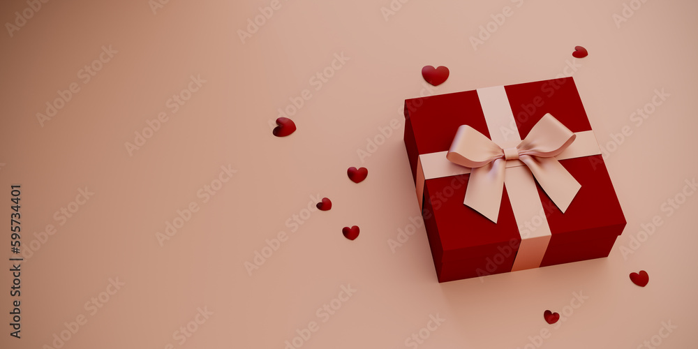 Poster a gift box with a pink ribbon on a red box with hearts scattered around it. 3d rendering