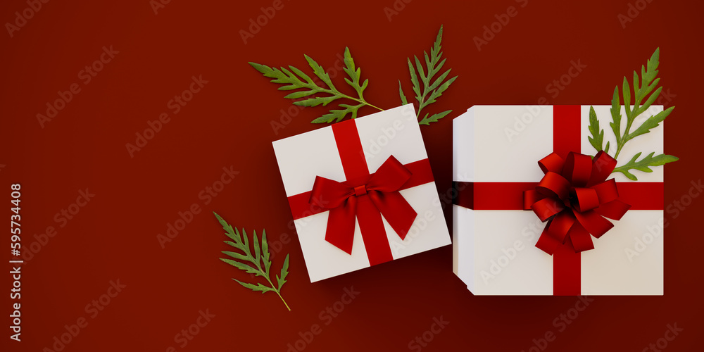 Poster gift boxes on a red background with a red ribbon on a white box. 3d rendering
