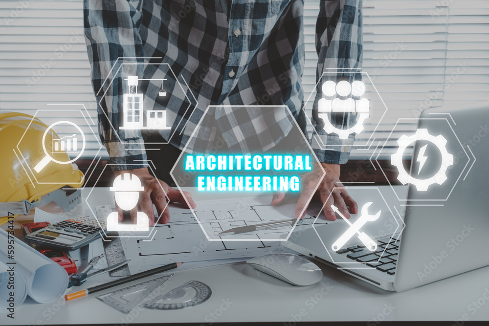 Poster architectural engineering, architectural man working on laptop computer on office desk with architec