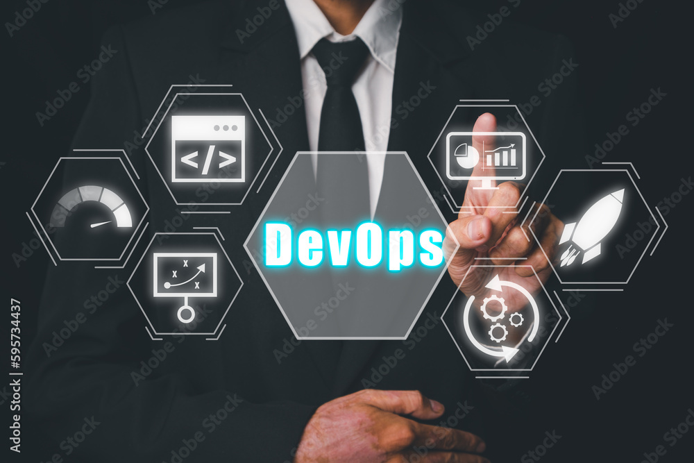 Aufkleber devops concept, person hand touching devops icon on vr screen, methodology development operations ag