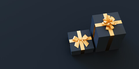 A couple of gift boxes with a golden ribbon on a black box. 3d rendering