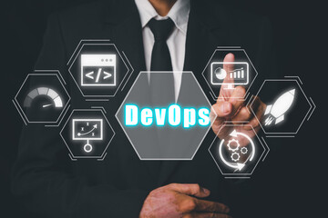 DevOps concept, Person hand touching DevOps icon on VR screen, Methodology development operations agil programming technology.concept.