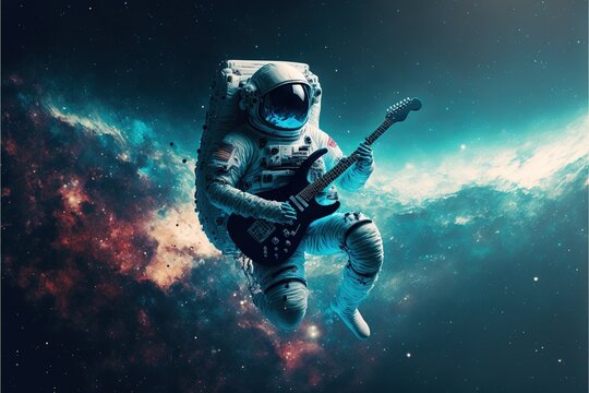 Contemporary abstract art of astronaut or spaceman floating in the vastness of space while playing guitar in dark blue universe with brighten stars and nebular background. Superb Generative AI.