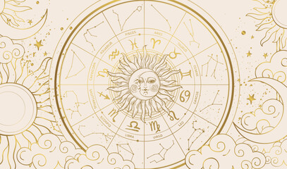 Zodiac wheel with 12 signs and constellations, astrology vintage banner with golden sun and moon, horoscope background. Hand drawn vector illustration, modern aesthetic.