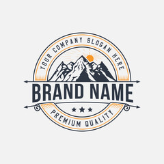 Mountain Travel and Adventure or outdoor vintage logo template, badge, Mountain tourism, hiking, Forest camp, and emblem style logo