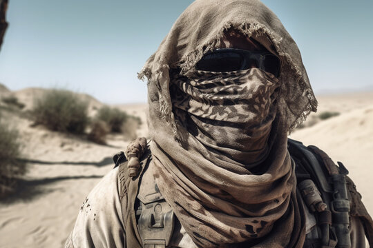 Special forces soldier in disguise in combat, intense enviroment, secret mission.