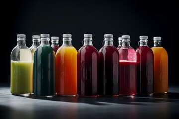 Multiple juice bottles with blank label on white background. Generative AI