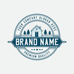 Unique cabin and wooden house  logo design, mountains, and pine forest, vintage wooden house
