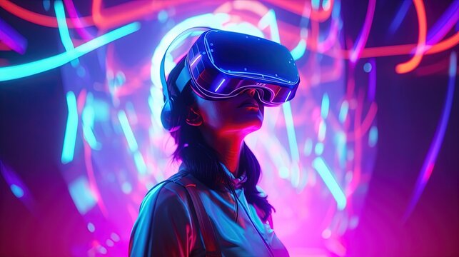 woman in VR glasses in neon space, digital art illustration, Generative AI
