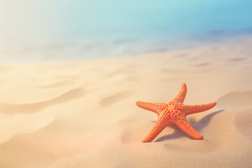 Naklejka na ściany i meble a starfish on a sandy beach with the ocean in the background. Created with Generative AI Technology