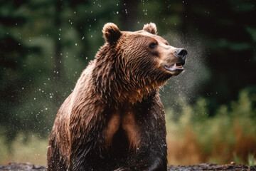 Obraz premium a grizzly bear shaking off water droplets from its fur after emerging from a river. AI generative image.