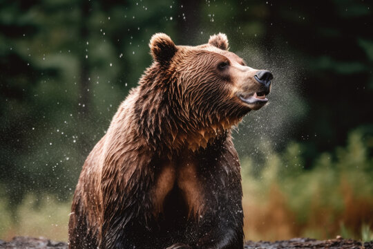 A Grizzly Bear Shaking Off Water Droplets From Its Fur After Emerging From A River. AI Generative Image.