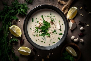 Tom Kha Gai soup with herbs and lemon, viewed from above. Generative AI