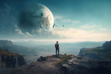 Fototapeta na wymiar A man stands on the cliff and watches the background of the desert and universe planets surrounded by mountains