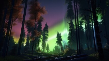 woodland with northern lights, digital art illustration, Generative AI