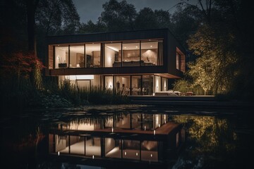 A compact, contemporary residence located beside a lake at night. Generative AI