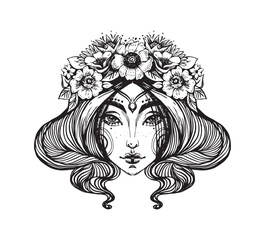 Portrait of a beautiful young girl with a flower wreath, linear icon, logo, vintage boho tattoo, virgo zodiac sign, woman face engraving, modern hand drawing. Vector illustration isolated - obrazy, fototapety, plakaty