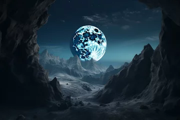 Papier Peint photo autocollant Pleine Lune arbre A digital illustration of a chilly blue mountain landscape and moon visible from a rocky cave. Generative AI