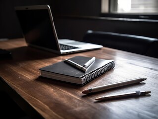 A sleek, closed laptop rests on a desk, accompanied by a classic notepad and a sleek pen.