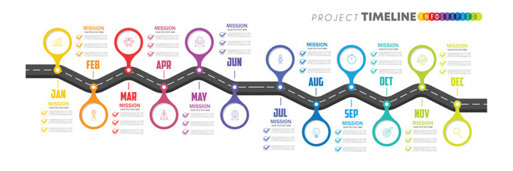 Roadmap infographic 9 steps timeline concept. Winding road. Vector illustration.
