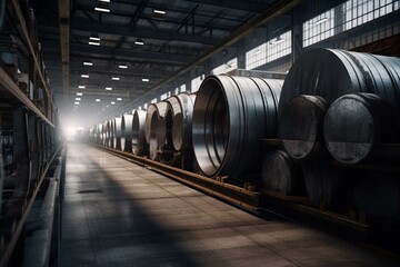 3D rendering of a steel roll warehouse with rolled metal products. Generative AI